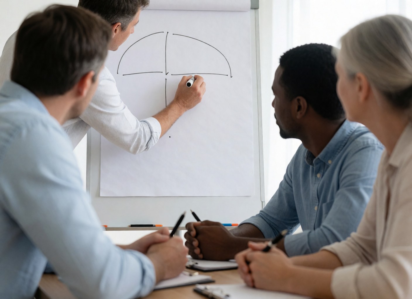 A trainer draws a diagram on a whiteboard while three people watch and take notes.