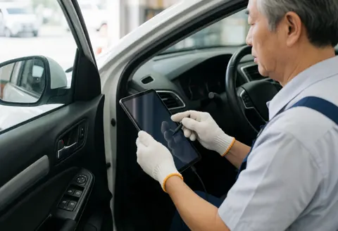 Mechanic with white gloves checks the diagnosis of a car with a tablet inside the vehicle.