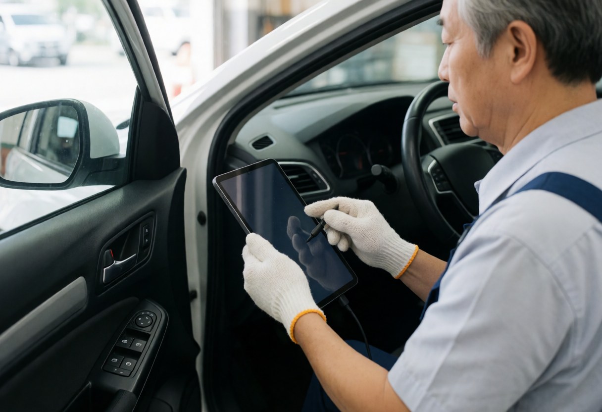 Mechanic with white gloves checks the diagnosis of a car with a tablet inside the vehicle.