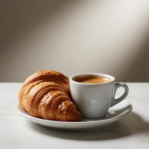 A golden croissant and a cup of coffee on a white plate on a marble table.