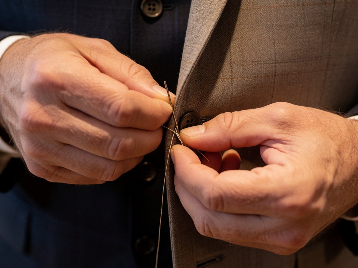 A man's hands sewing a button onto a plaid suit jacket.