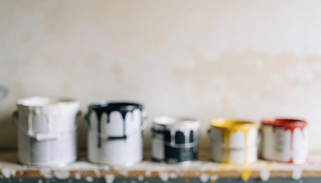 Paint cans with drips on a dirty shelf, white wall background with stains.