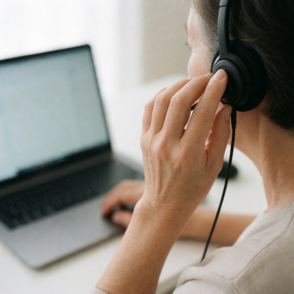 A person adjusts a black headset while working on a laptop computer on a white desk.