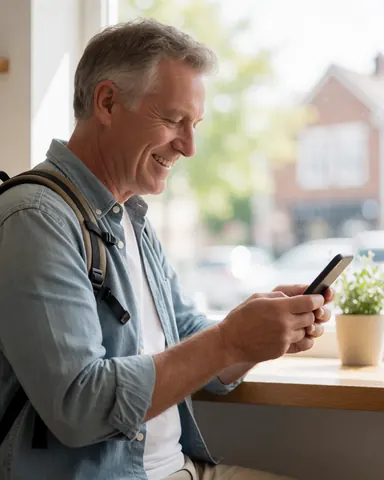 A smiling man looks at his phone while sitting at a café table with a plant nearby.