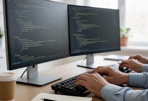 A developer types on a keyboard in a bright office with dual monitors, a notebook, and coffee on a wooden desk.