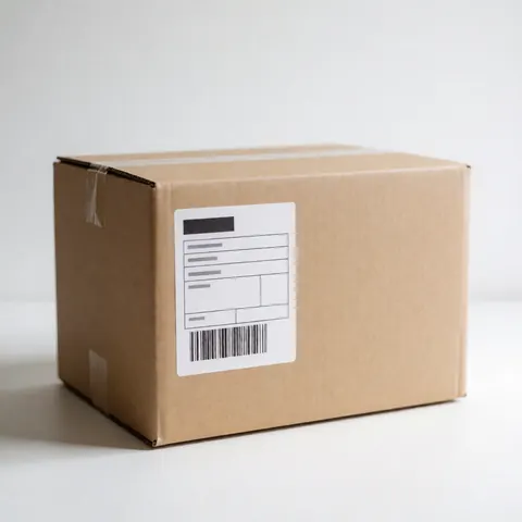 Brown cardboard shipping box with white label and barcode on white background for logistics and transport