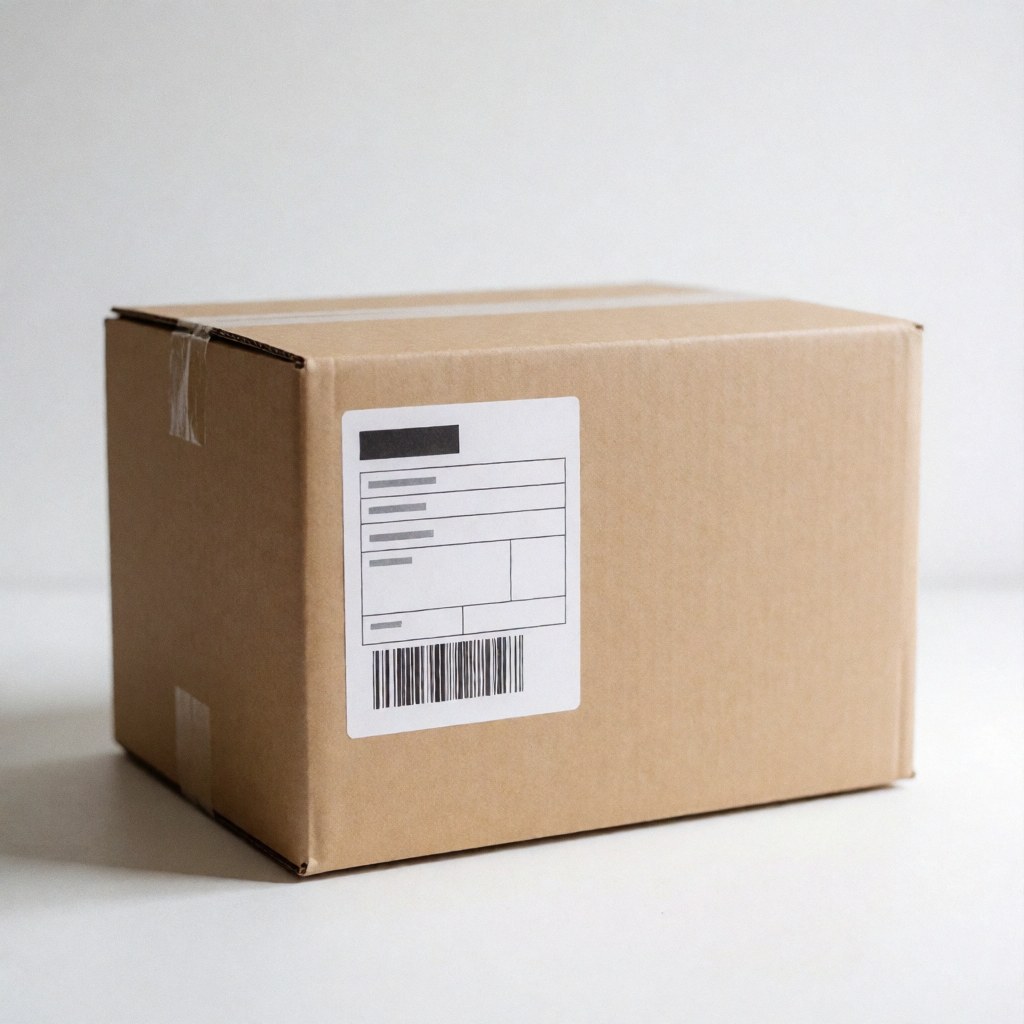 Brown cardboard shipping box with white label and barcode on white background for logistics and transport