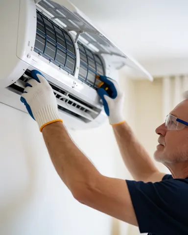 Technician wearing gloves and safety glasses replaces filter in wall-mounted air conditioner.