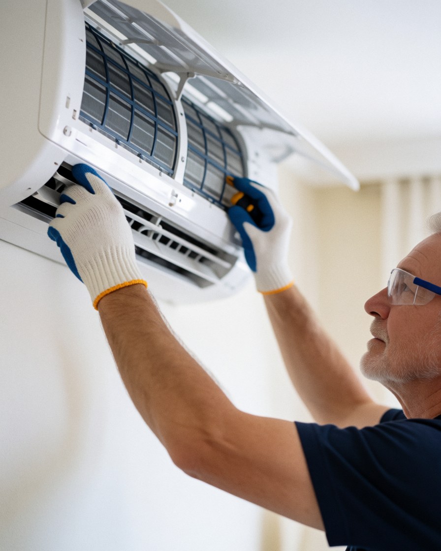 Technician wearing gloves and safety glasses replaces filter in wall-mounted air conditioner.