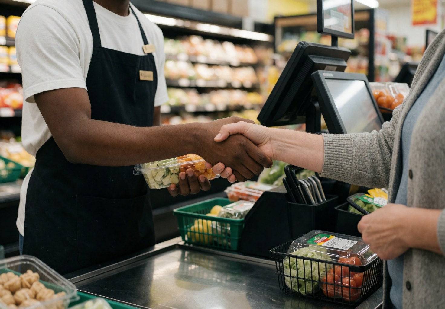 Minimarket employee shaking hands with customer while processing a vegetable purchase at checkout.