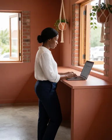 A focused woman sits at a desk in a bright, minimalist coworking office, typing on a laptop with natural light coming through a window.