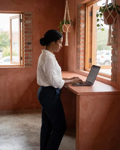 A woman standing works on a laptop computer on a terracotta-colored desk in an office with brick walls and windows.
