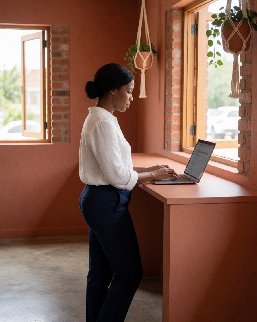 A woman standing works on a laptop computer on a terracotta-colored desk in an office with brick walls and windows.