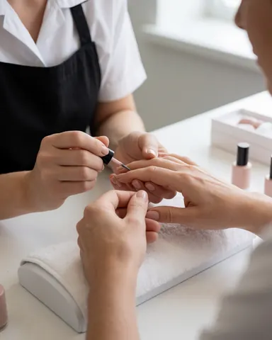 A manicurist applies nude nail polish to a client's fingernails on a clean, well-lit table in a professional salon setting.