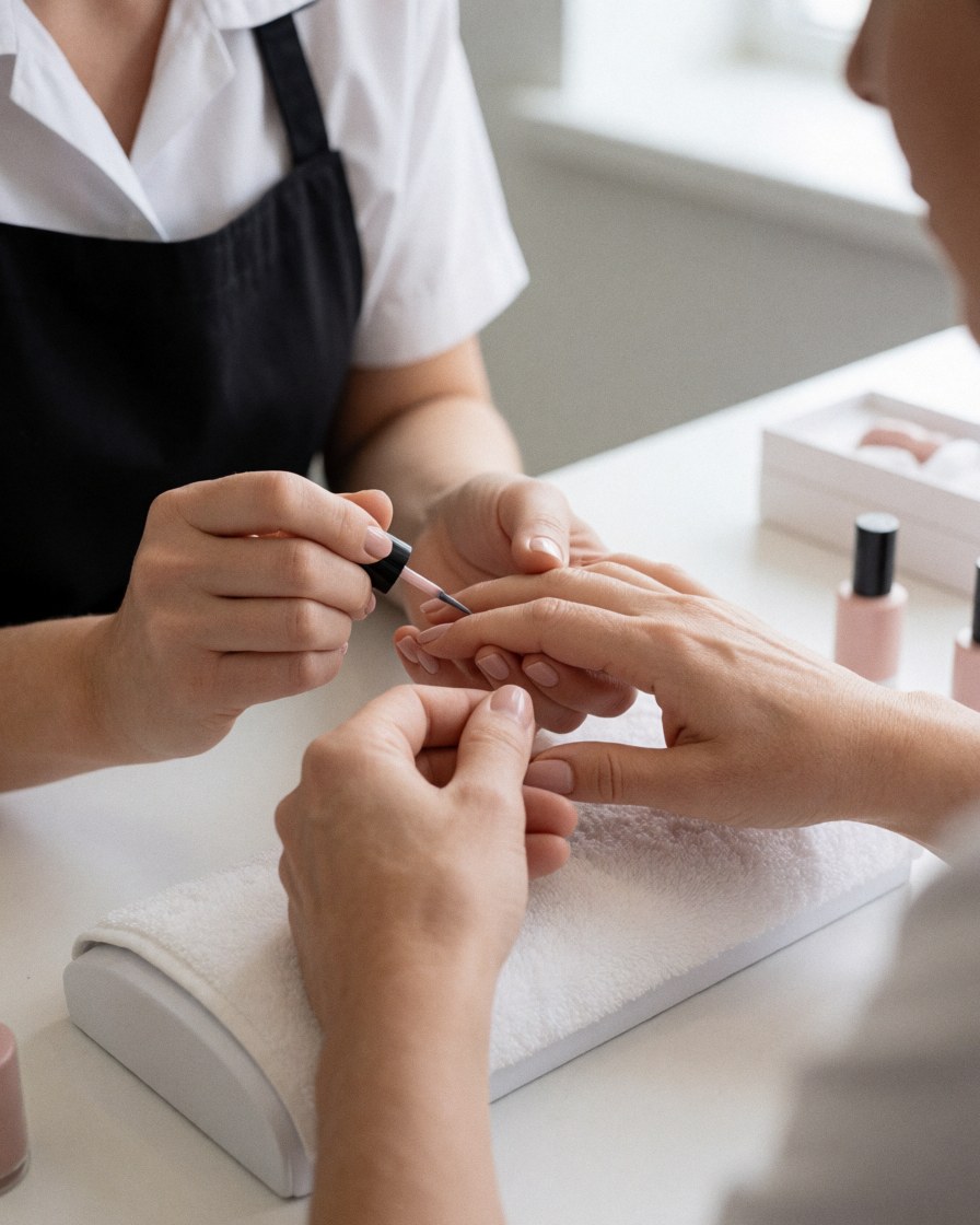 Nail technician applying nude polish to a client's nails on a white table with nail products.