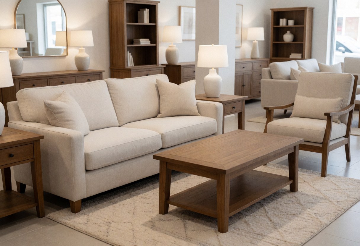 Living room with beige sofa, chairs and wooden table in a modern and cozy setting.