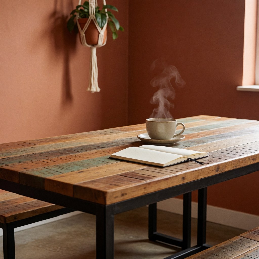 A steaming cup of coffee and an open notebook on a rustic wood table with colorful planks.