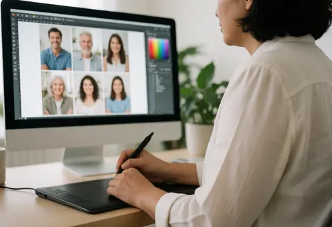 A woman works on a computer with a graphics tablet, editing corporate portrait photos on a screen.