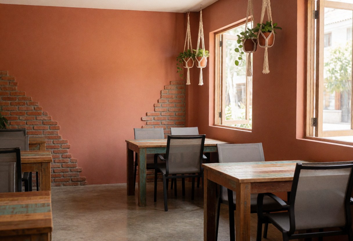 Coworking space with wooden tables, chairs, and terracotta walls with hanging plants.