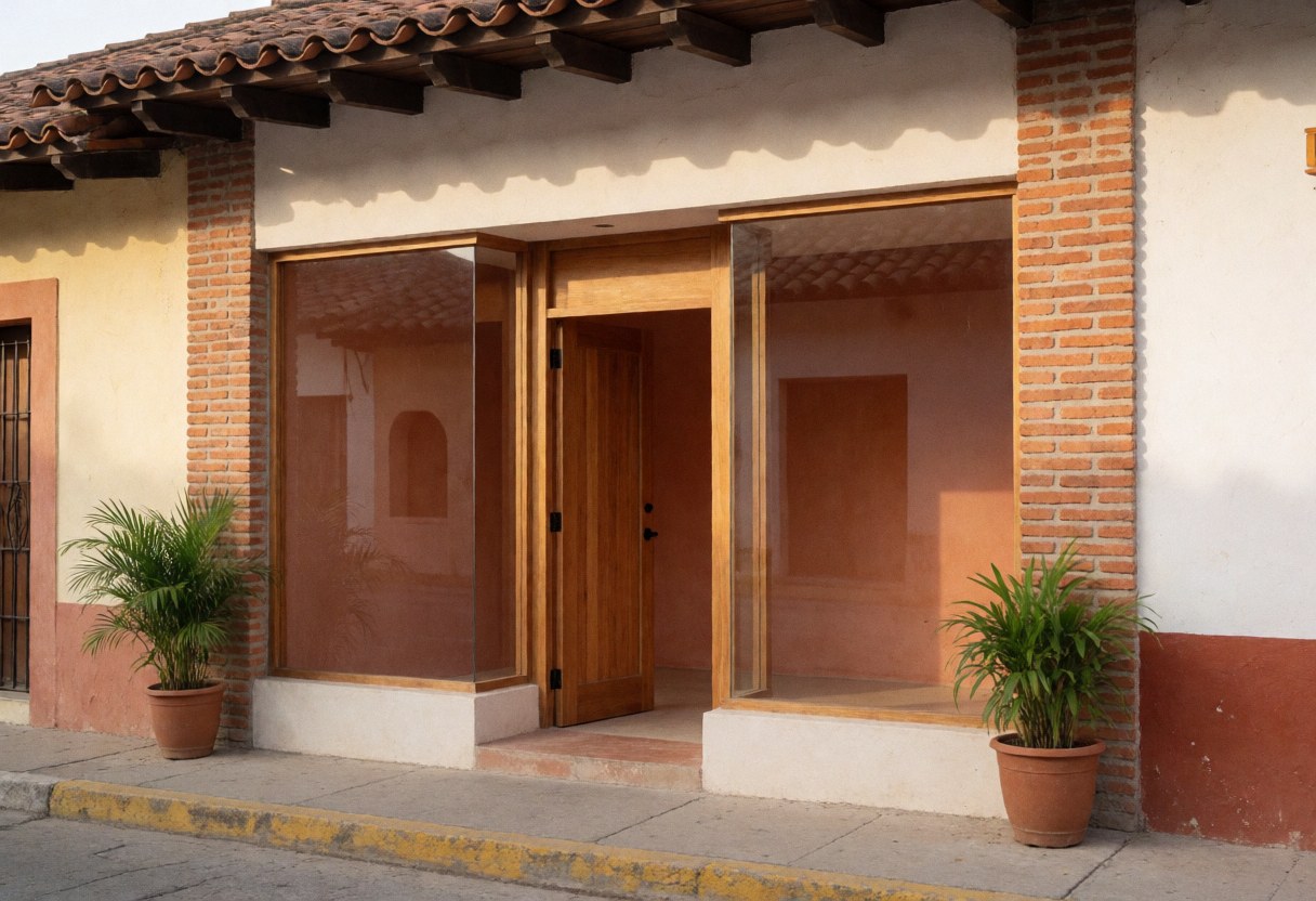 Entrance of a building with wooden doors, brick walls and two potted plants on either side.