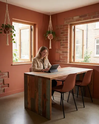 A young woman uses a computer on a wooden desk in a co-working space with pink walls and windows.