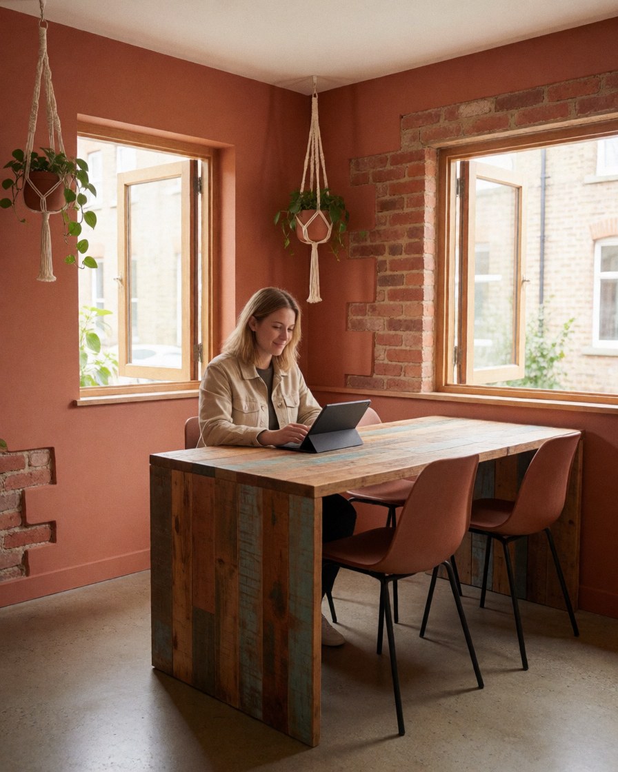 A young woman uses a computer on a wooden desk in a co-working space with pink walls and windows.