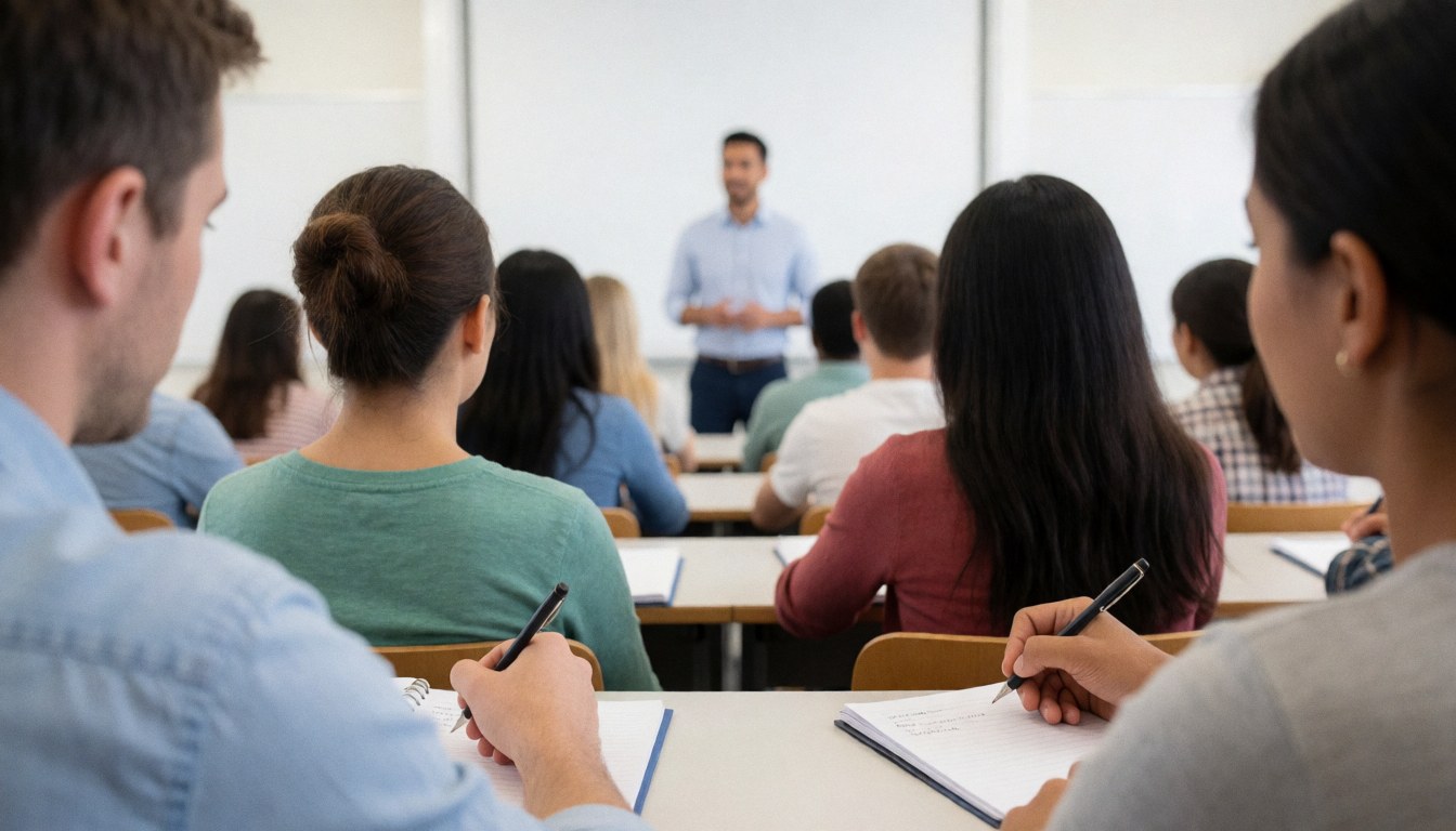 Students and a professor attending a university lecture in a large auditorium with a chalkboard and notebooks