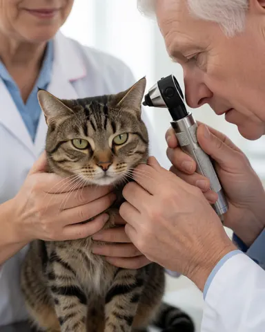 A veterinarian uses an otoscope to examine a tabby cat's ear while an assistant holds the pet gently in a clean clinic.
