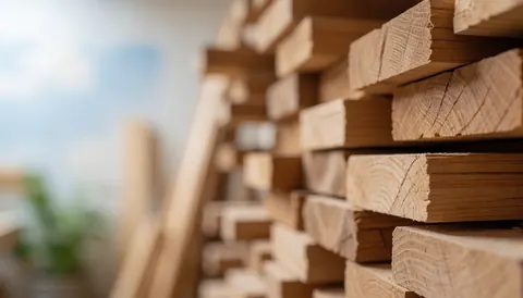Stacks of wooden planks in a carpentry workshop, with visible grain and blurred background.