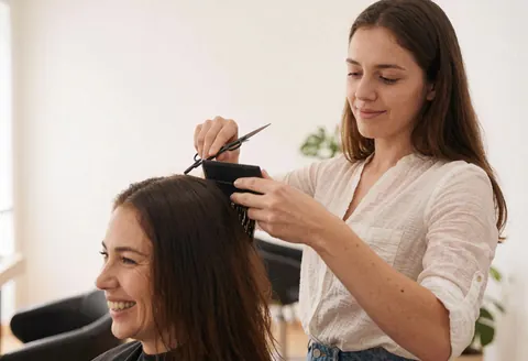 A hairdresser with a comb and scissors cuts the hair of a smiling client in a beauty salon.