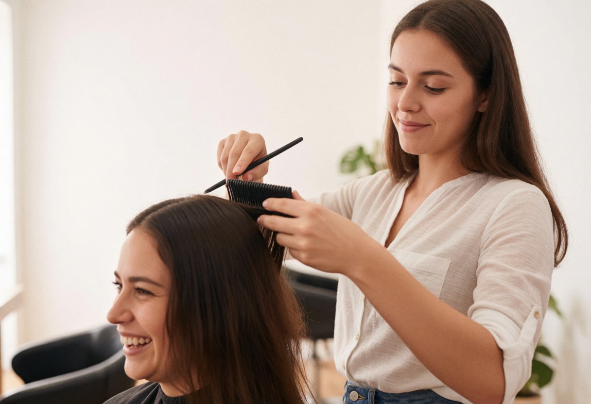 A hairdresser with a comb and scissors cuts the hair of a smiling client in a beauty salon.