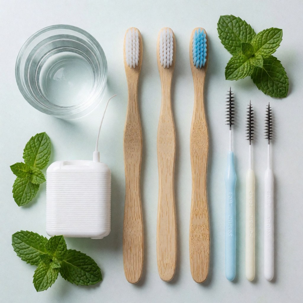 Oral care products like bamboo toothbrushes and dental floss on a clean surface with mint leaves.