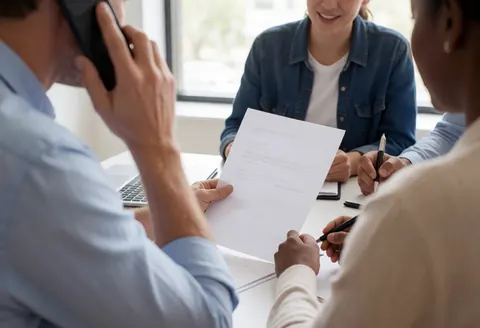 A man talks on his phone while two people review documents during an office meeting.