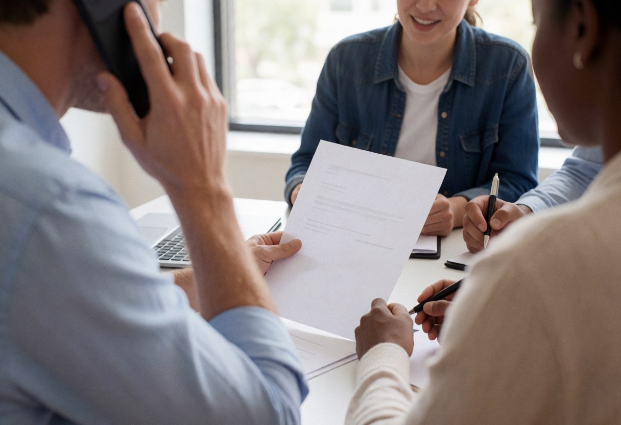 A man talks on his phone while two people review documents during an office meeting.