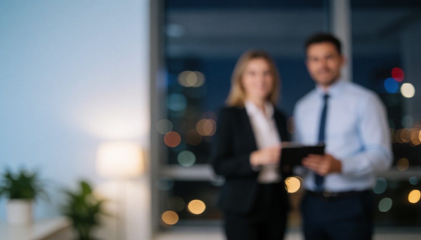Two professionals in an office with a blurred cityscape at night in the background.