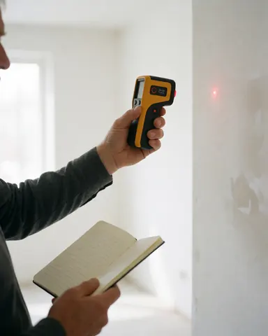 Technician measuring wall with laser and taking notes in notebook.