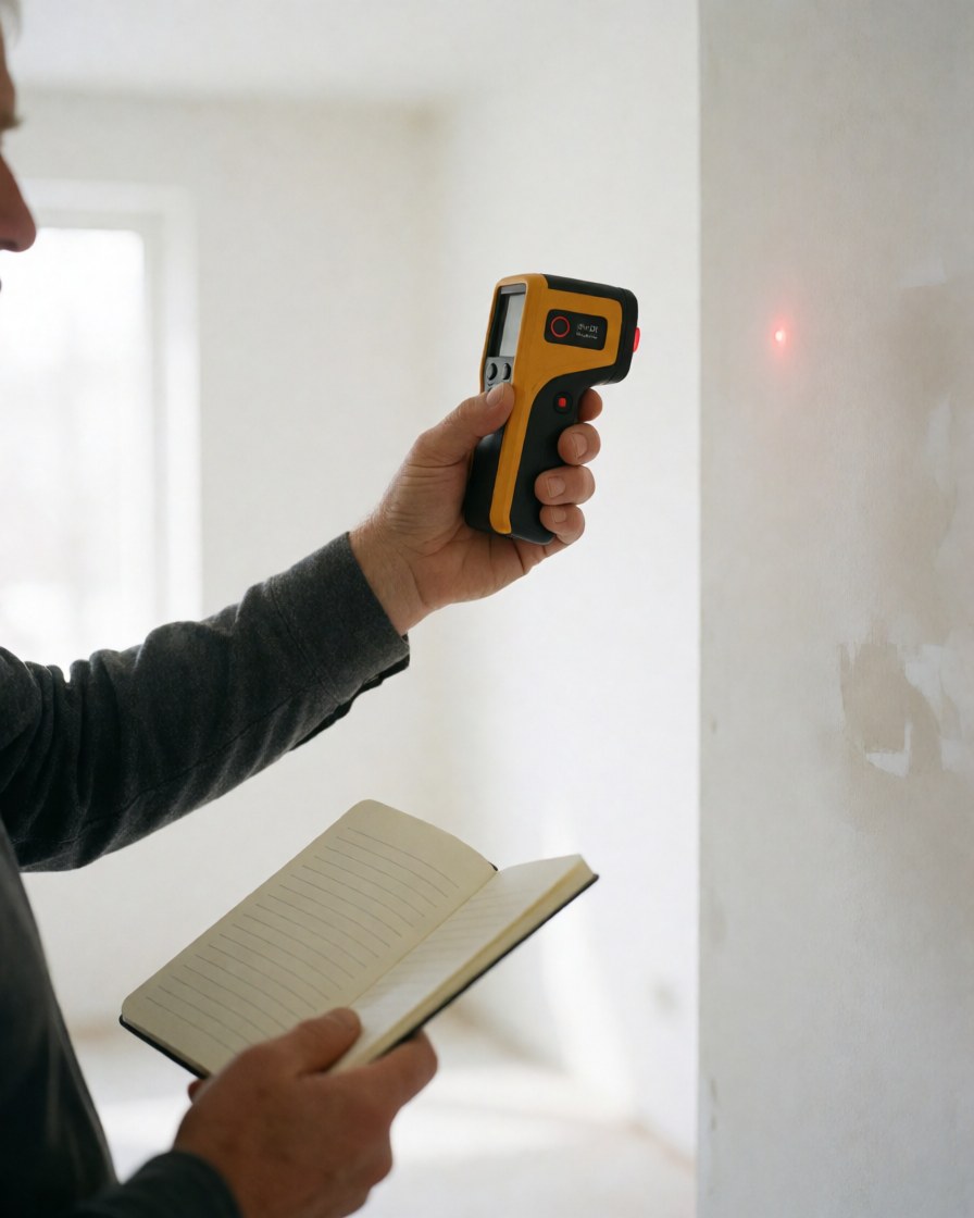 Technician measuring wall with laser and taking notes in notebook.