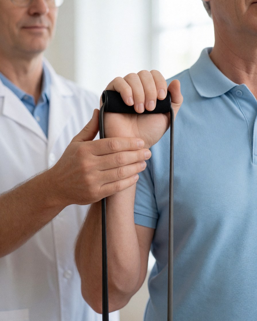 A physical therapist guides a patient's arm movement with an elastic band in a clinic.