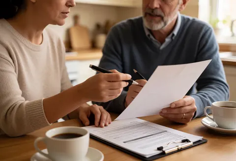 Insurance agent explains a policy to a client at home while signing documents on a table with coffee.