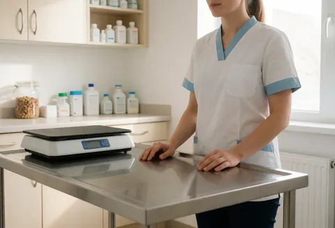 A veterinarian in a white and blue uniform stands beside a shiny stainless steel table in a clean clinic, with a scale and medicine bottles in the background.