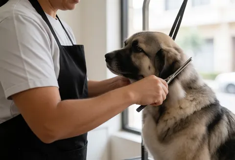 A groomer with an apron trims the fur of a large dog with scissors in a dog grooming salon.