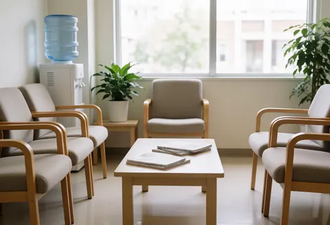 Waiting room with chairs, table and plant in a medical center.