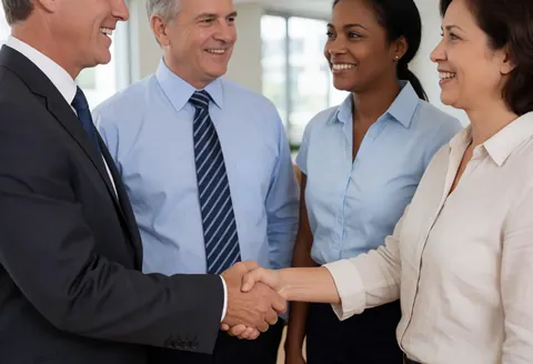 A man and woman in business attire shaking hands and smiling in a professional office setting, conveying trust and agreement.