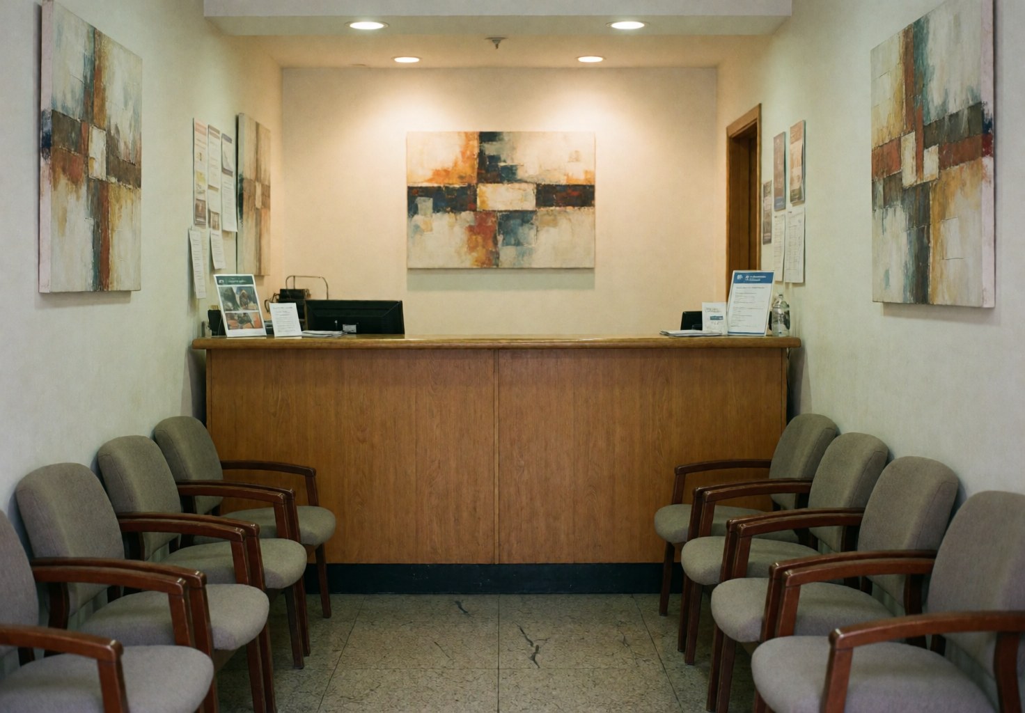 Service center reception with chairs for clients and wooden counter with computer and documents.
