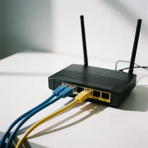 Black router with antennas and Ethernet cables connected to a white table.