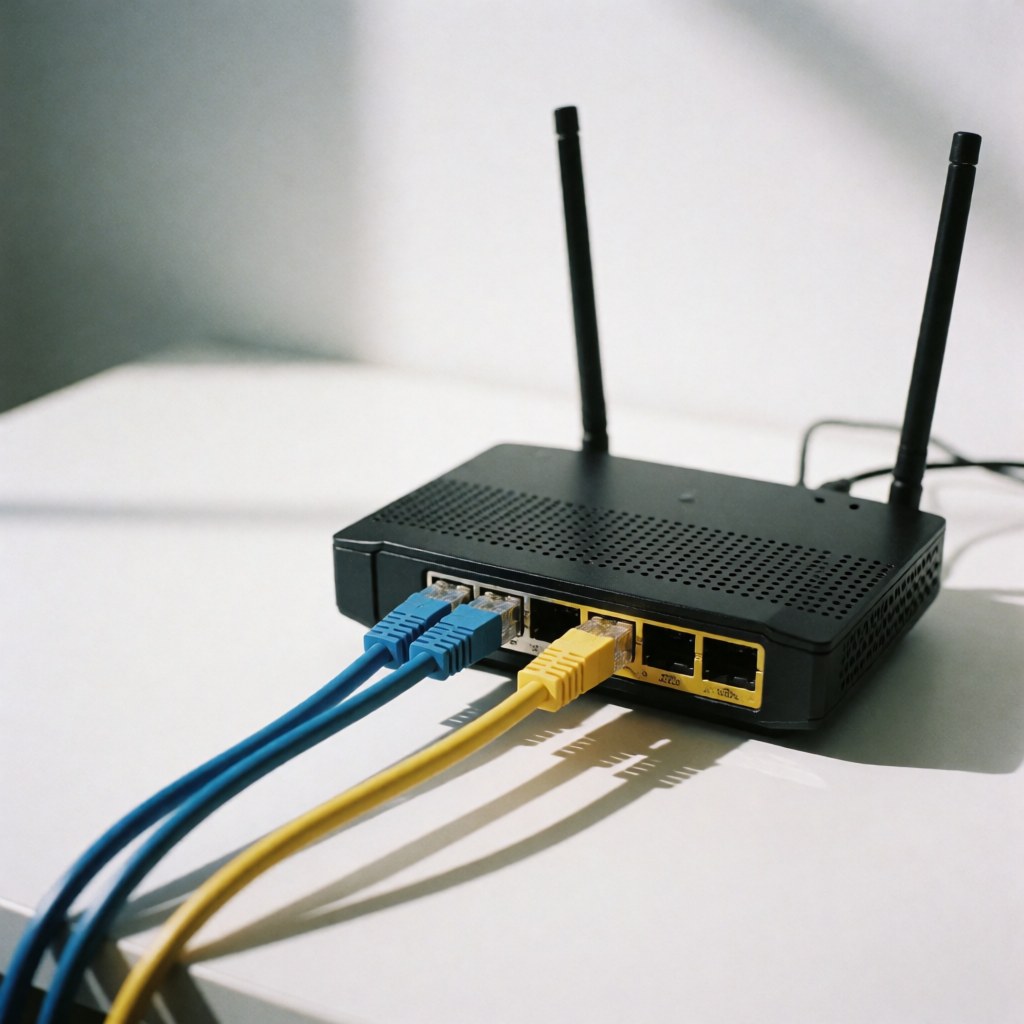 Black router with antennas and Ethernet cables connected to a white table.