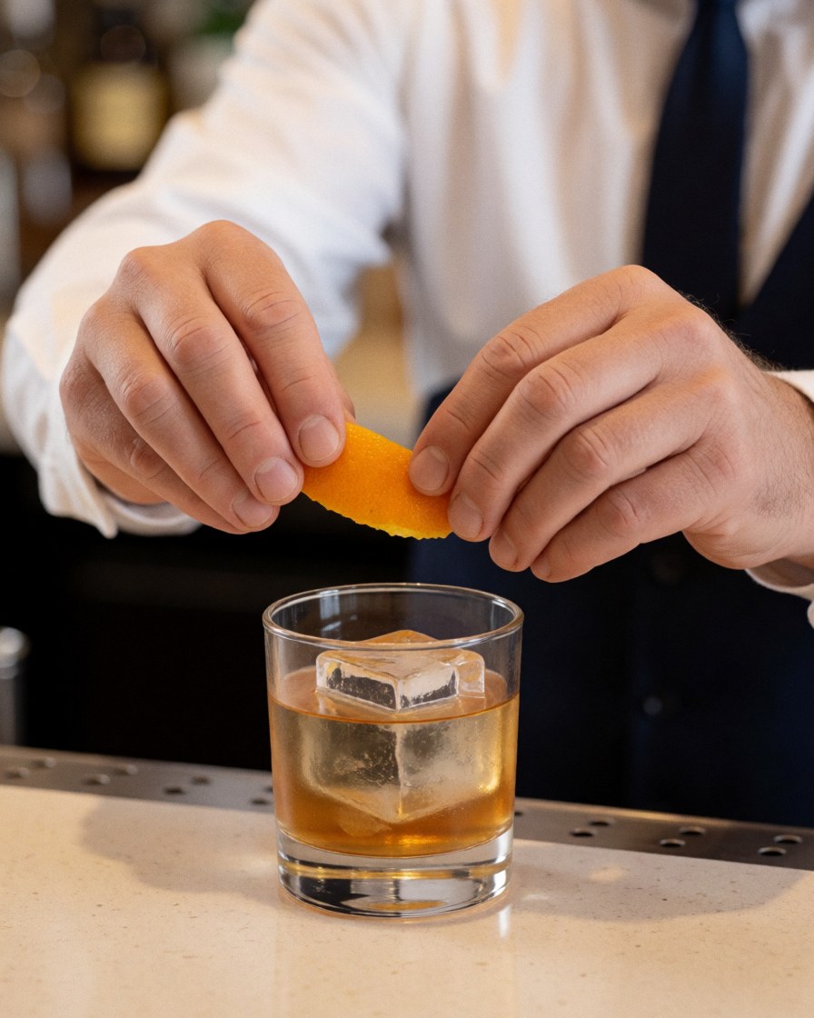 A bartender in a white shirt and blue tie squeezes an orange slice over a cocktail with ice in a whiskey glass.