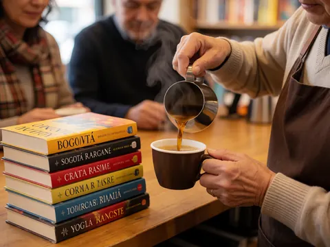 Barista pouring coffee into a cup next to a stack of colorful books on a wooden table.