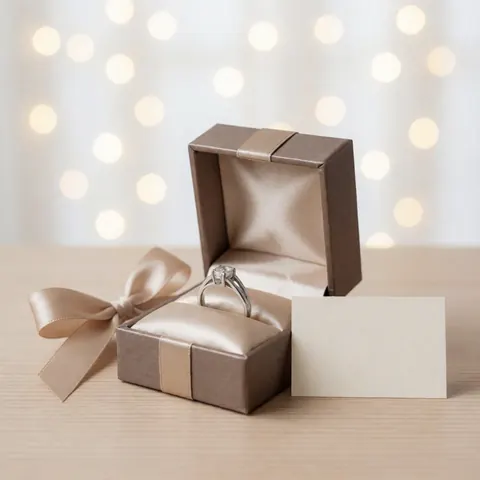 Engagement ring with diamond in a brown gift box with ribbon, on a table with bokeh lights background.