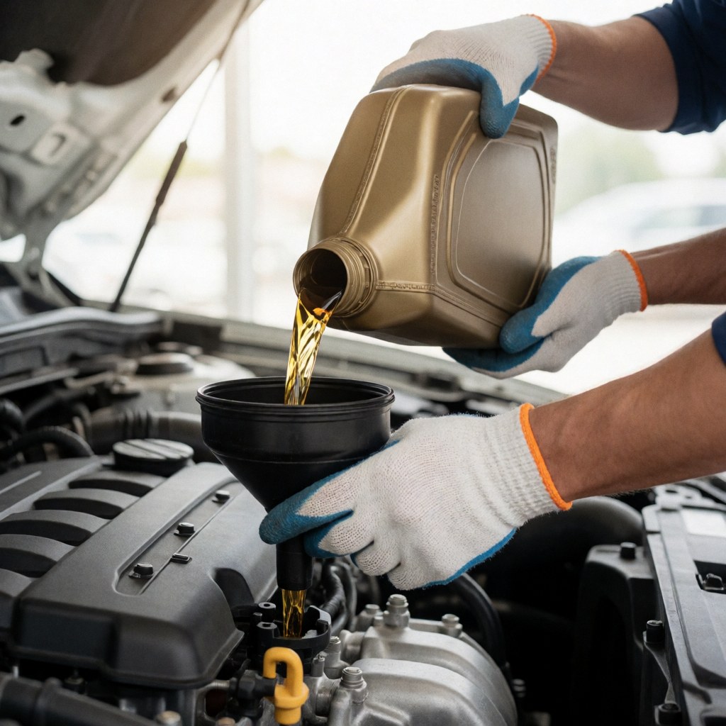Mechanic pouring new oil into a car engine with the hood open, wearing gloves.